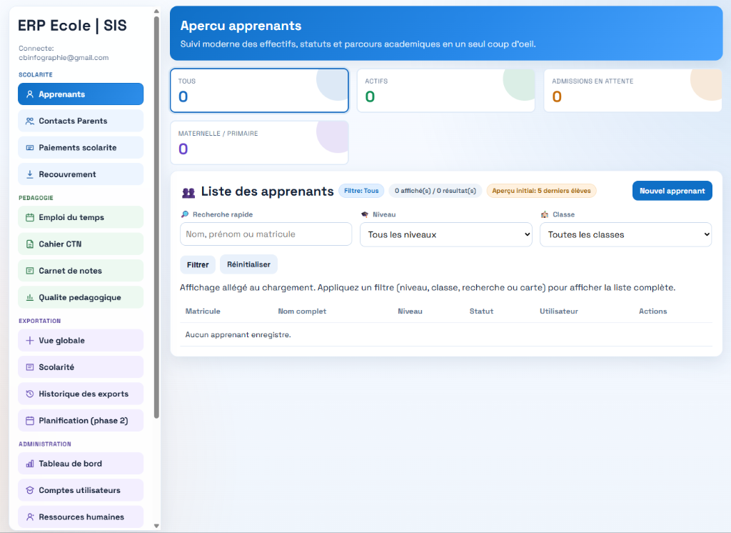 Dashboard ERP Ecole